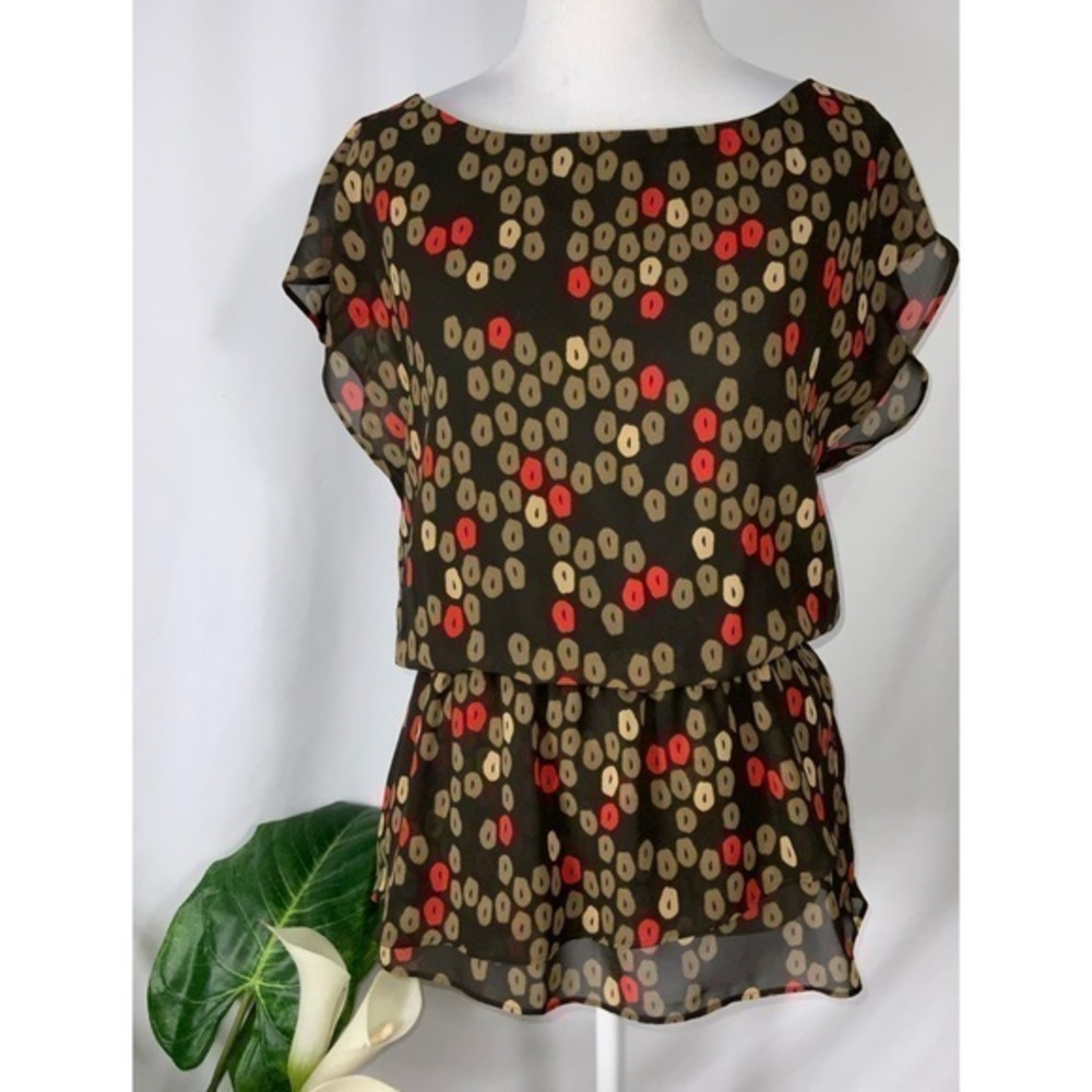 Ann Taylor Brown Tan Orange Chiffon Overlay Flutter Sleeve Casual Work Blouse XS